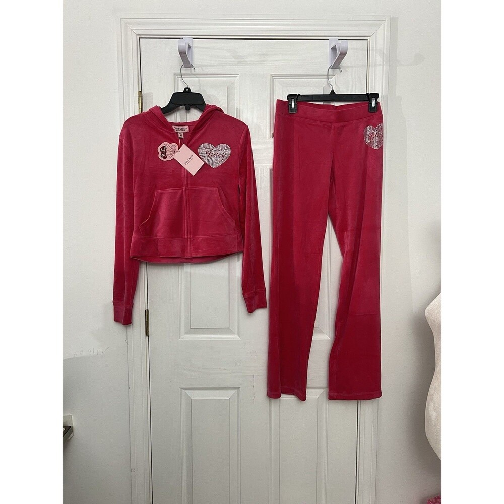 Juicy Couture Vixen Pink Rhinestone Heart Velour Tracksuit Set Medium